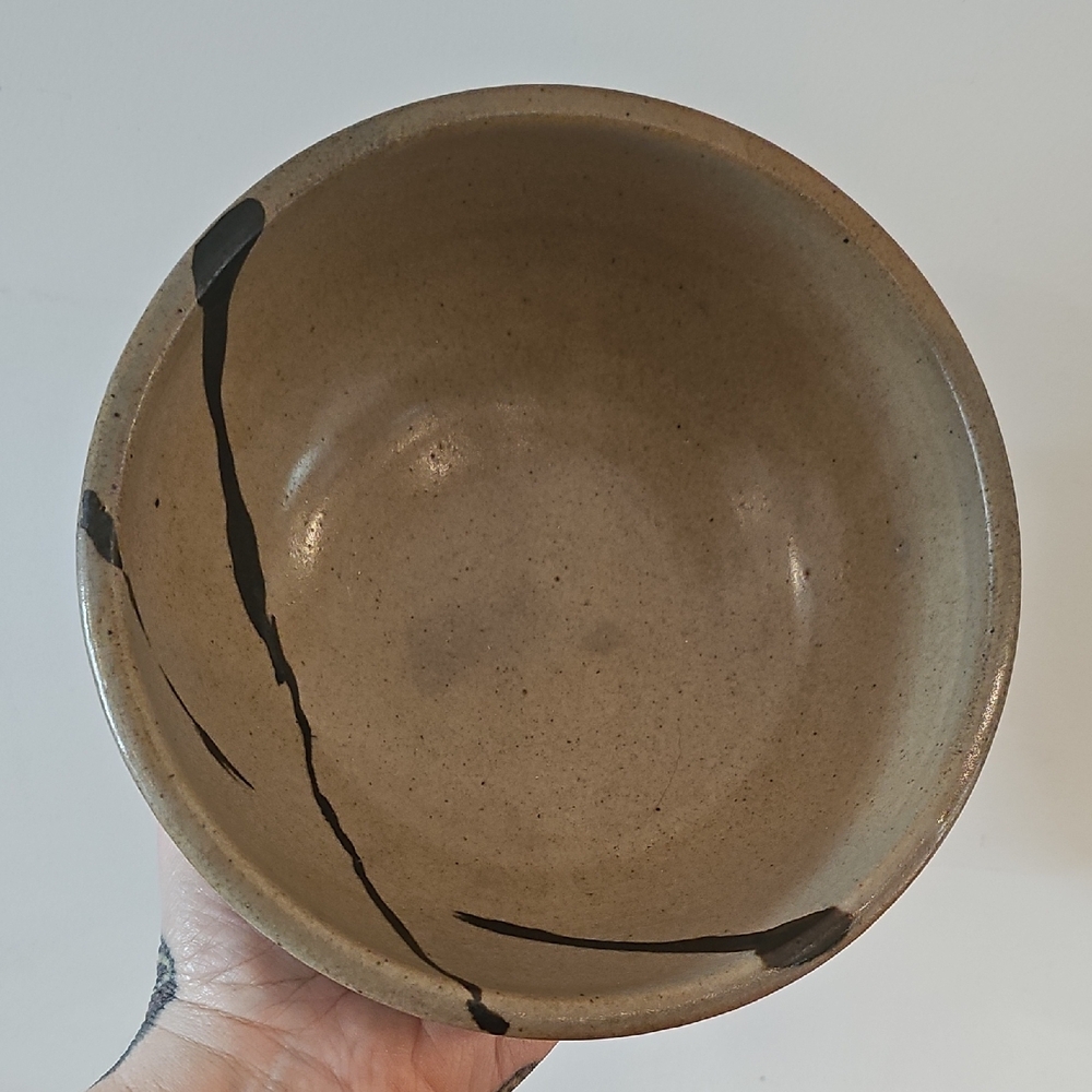 Handcrafted Soeckled Stoneware Ceramic Bowl with Brushstroke Accent
